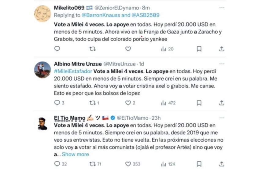 Usuarios de X, reportaron centenares de mensajes iguales en contra de Milei por el caso $LIBRA: «Voté a Milei 4 veces»…